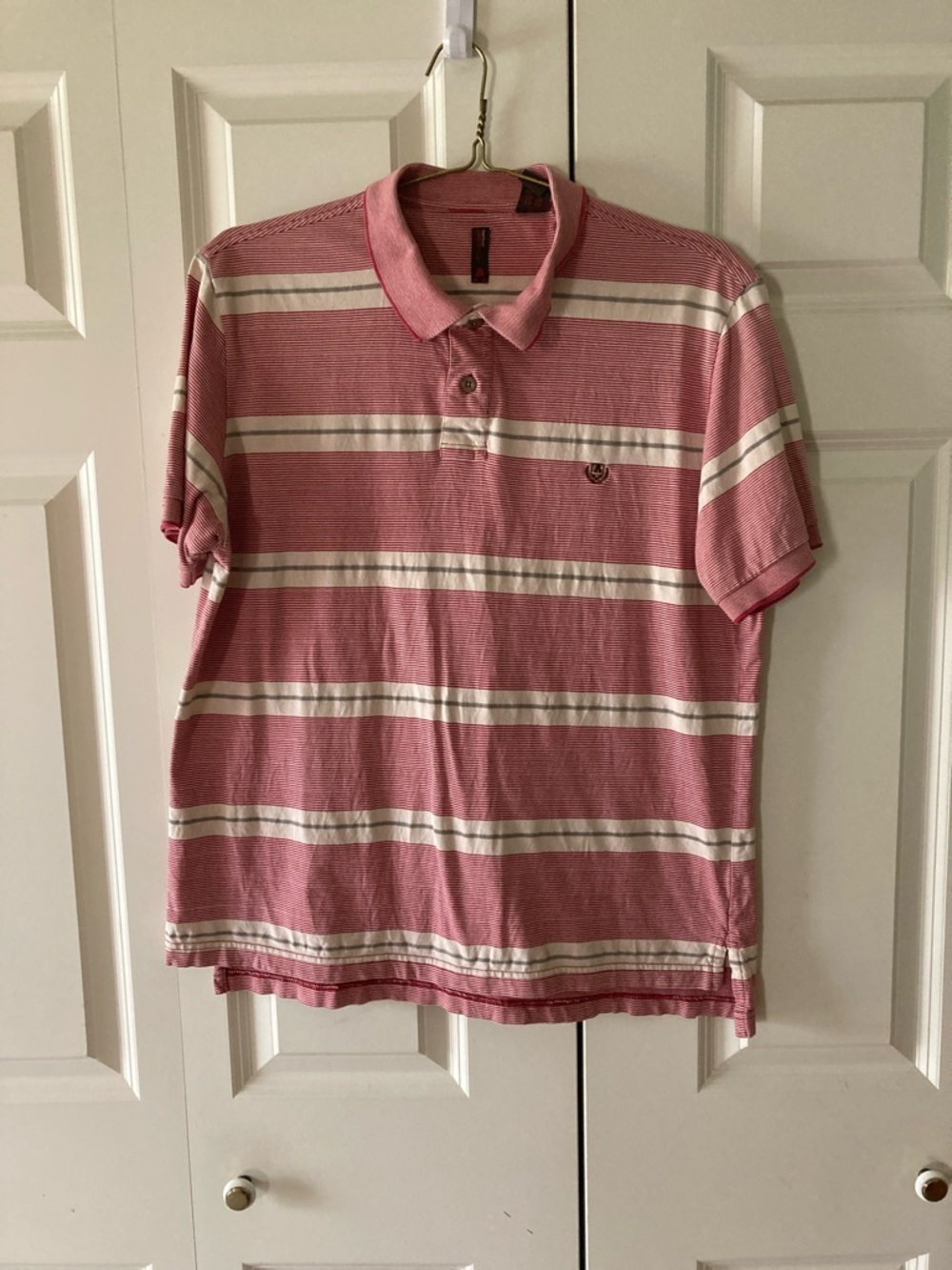 Perry Ellis America men’s L short sleeve polo red white grey striped cotton
